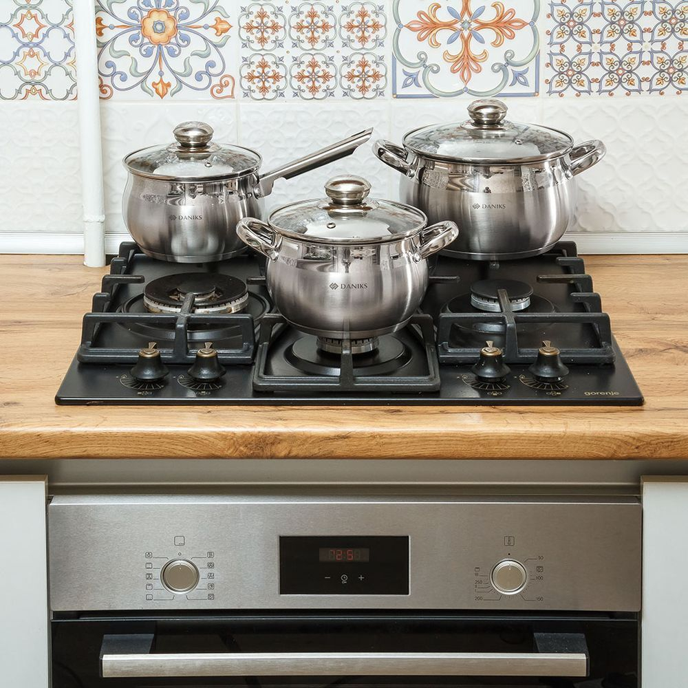 Кастрюля нерж, 6.5 л, с крыш, крышка стекло, Daniks, Классика, SD-24, индукц