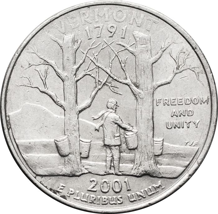 25 центов (1/4 доллара, квотер) 2001 США «Штат Вермонт» (P)