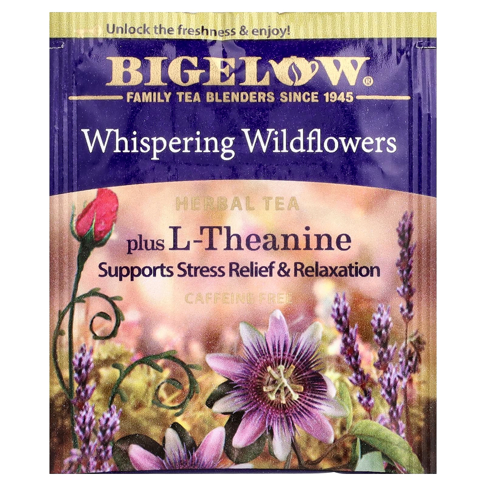 Bigelow, Whispering Wildflowers™, травяной чай с L-теанином, без кофеина, 18 чайных пакетиков, 25 г (0,9 унции)