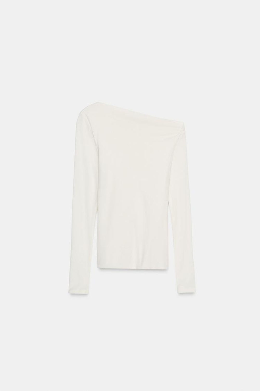 ZARA АСИММЕТРИЧНАЯ ФУТБОЛКА С ДЛИННЫМИ РУКАВАМИ, ЭКРЮ