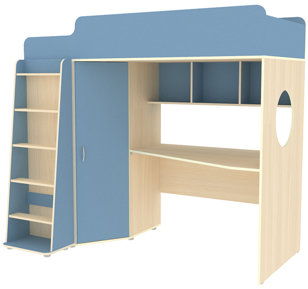 Кровать-чердак КарИВи Л-4.1 80х180  Дуб Молочный Светло-синий, голубой