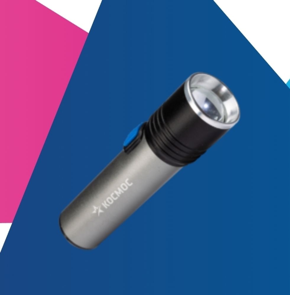 364_ Фонарь аккумуляторный ручной LED 3Вт линза зум аккум. Li-ion 18650 1.2А.ч USB-шнур анодир. алюм. КОСМОС KOS111Lit ш/к 4690488037740