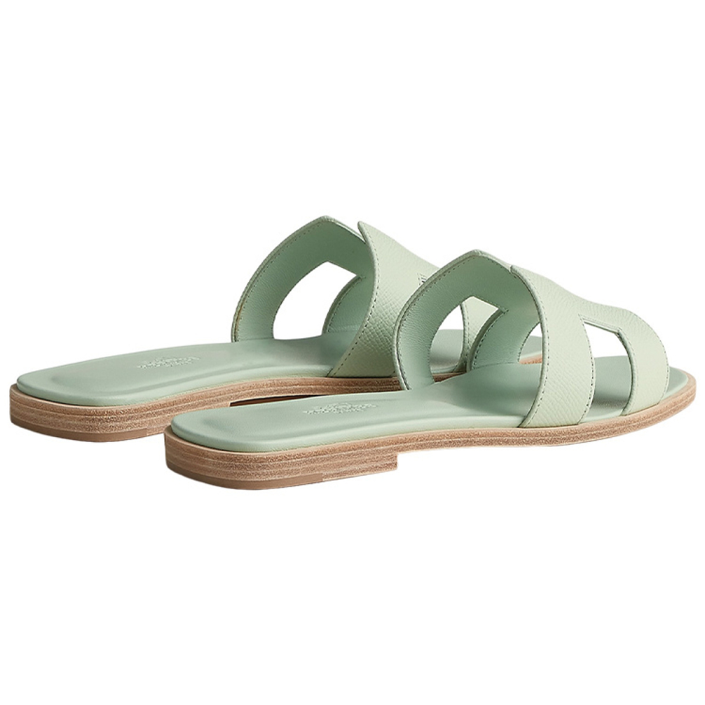 Hermes Oran calfskin one-line flat heel fashion sandals women's green, H202272Z 6C