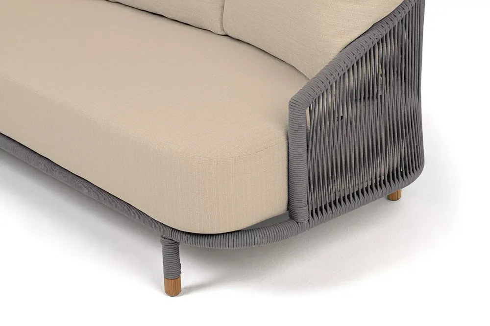 "Верона" диван 3-местный плетеный из роупа, каркас алюминий светло-серый (RAL7035) муар, роуп светло-серый круглый, ткань Mossle светло-бежевая