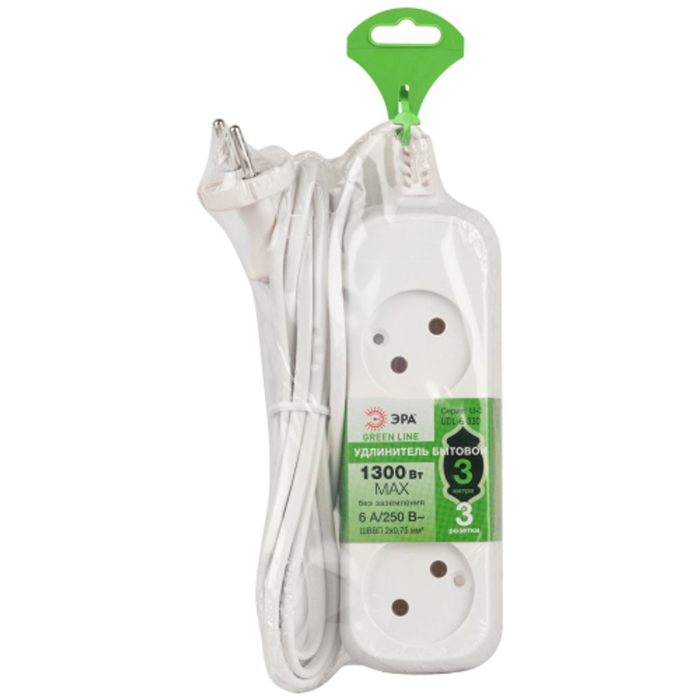 Удлинитель электрический ЭРА UDL-6-330 Greenline 3 розетки без заземления 3м ШВВП 2x0.75мм2