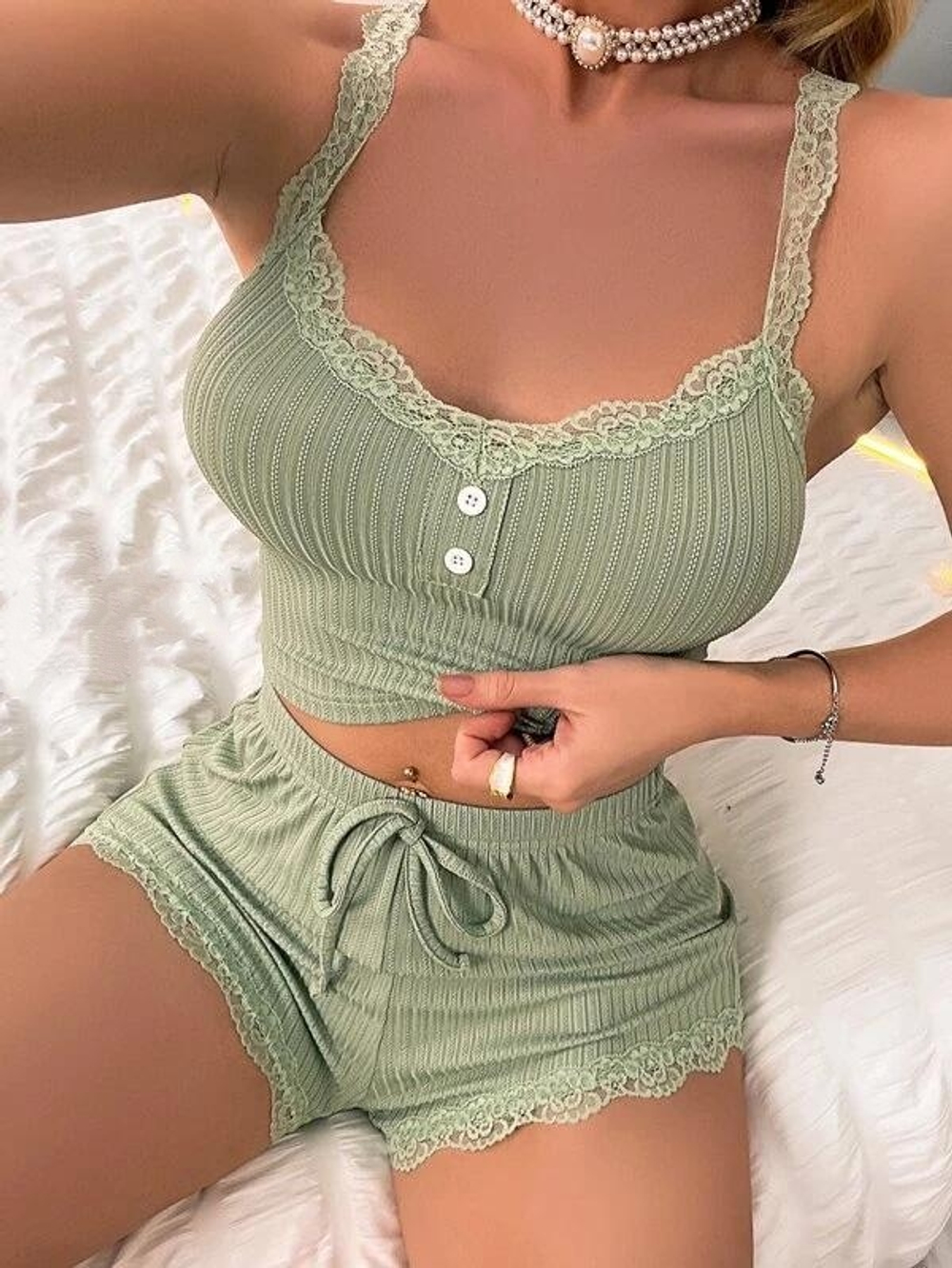 Пижама шорты+майка т/б(лапша с кружевом) 80038