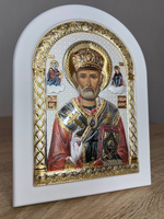 Николай Чудотворец, икона арочная, белое дерево, эмаль 150х200
