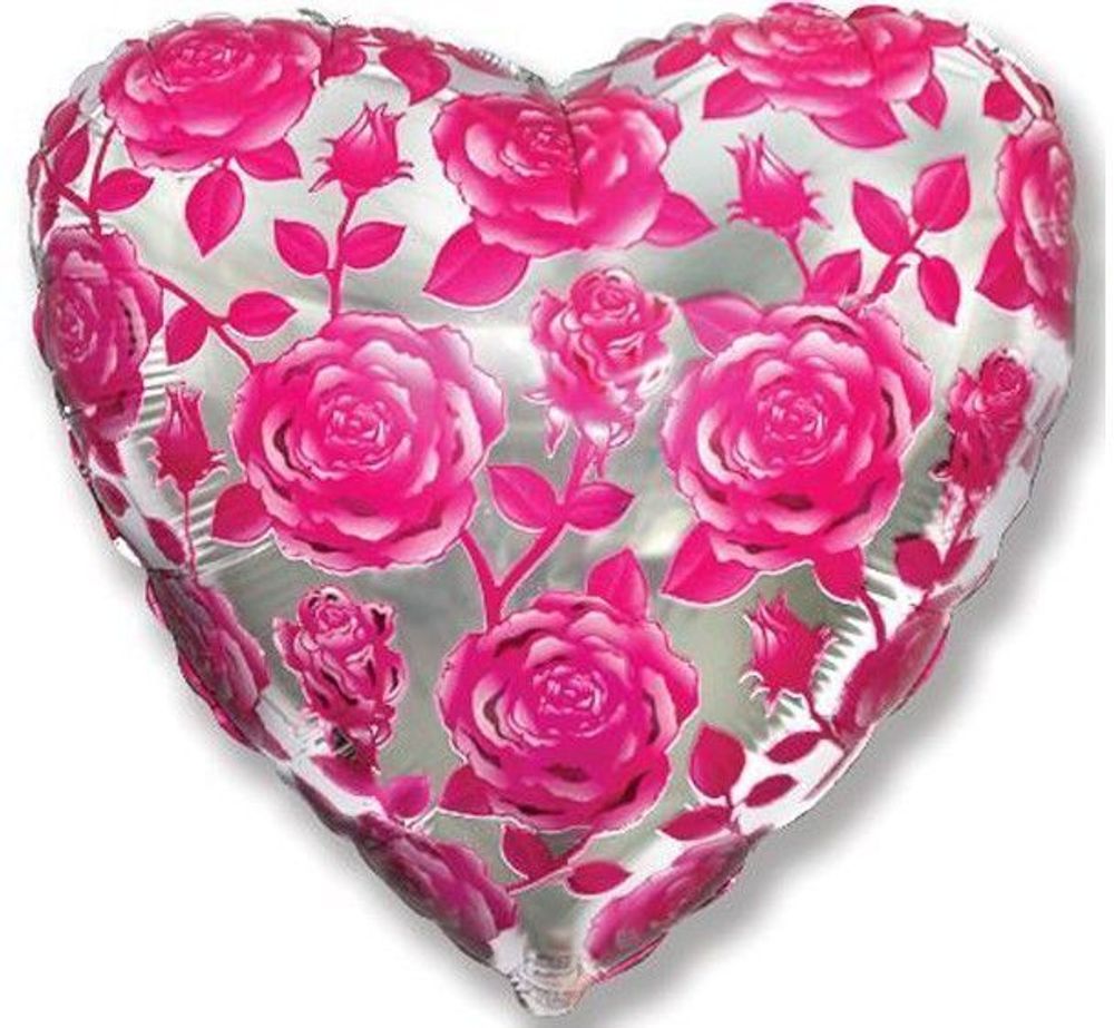 Шар (18''/46 см) Сердце, Розы, Фуше, 1 шт.