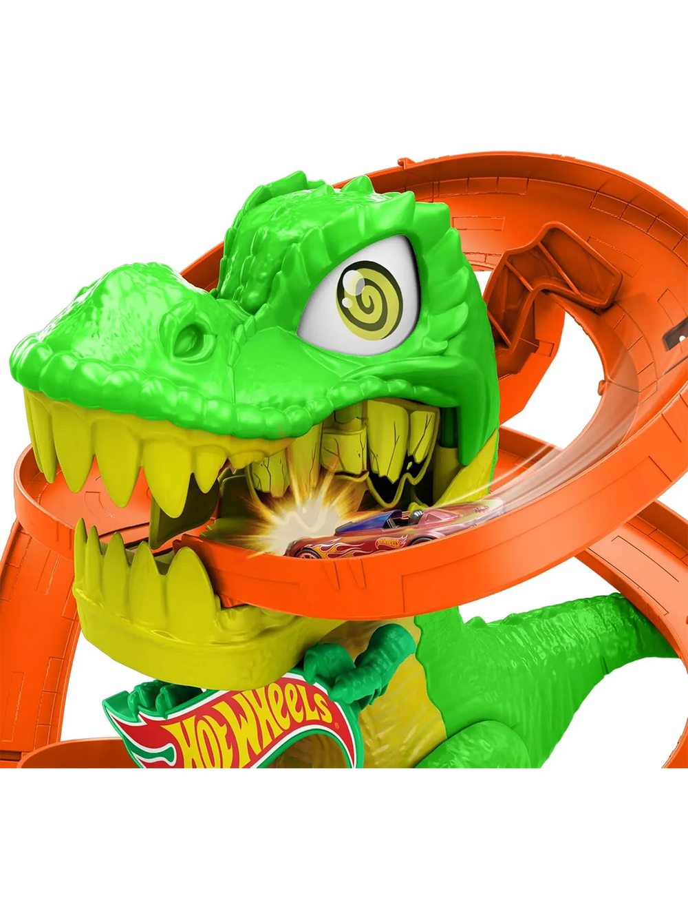 Hot Wheels JBM73 Ти-Рекс Пылающая битва, игровой набор с динозавром и машинками, трасса для трюков, оригинал Mattel