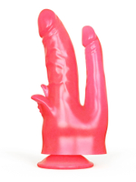 Розовый двойной фаллоимитатор с лепестками и присоской - 17 см. (Цвет: розовый)