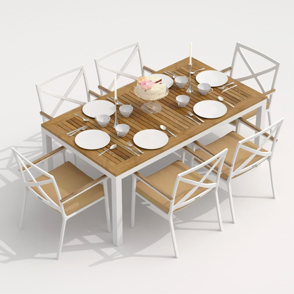 Обеденная группа Ideal Patio ТЕЛЛА  ФЕСТА  каркас белый, стол тик 180, ткань бежевая