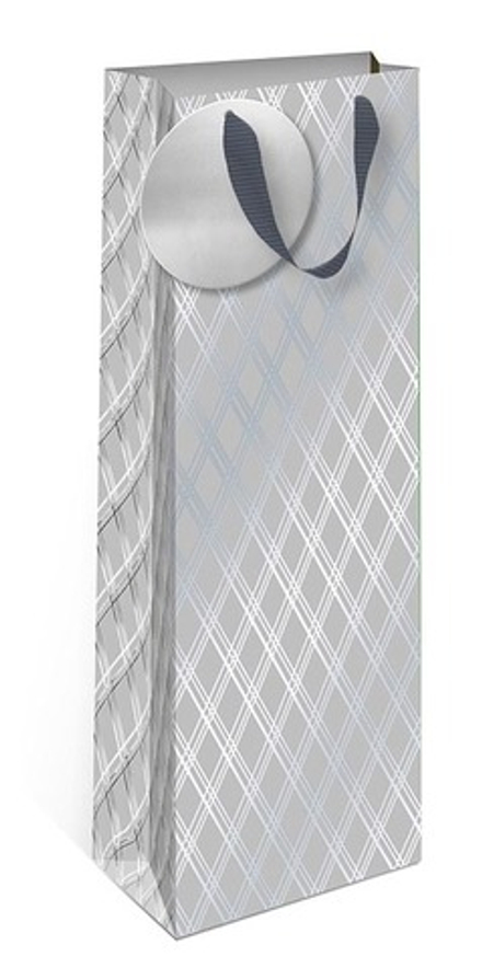 Пакет подарочный для вина, Стильные ромбы, Серебро, Металлик, 36*12*9 см, 1 шт.