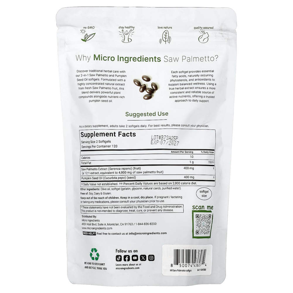 Micro Ingredients, сереноя с маслом семян тыквы, 240 капсул