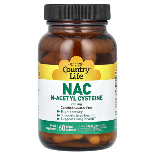 Country Life, NAC, N-ацетилцистеин, 750 мг, 60 веганских капсул