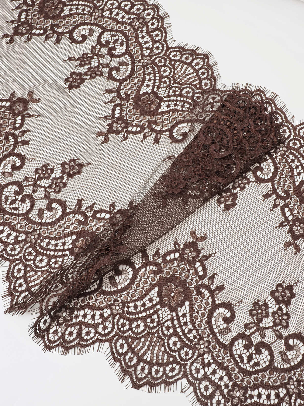 Кружево шантильи для белья шоколад широкое неэластичное ширина 36 см купон 2.9 м С БРАКОМ