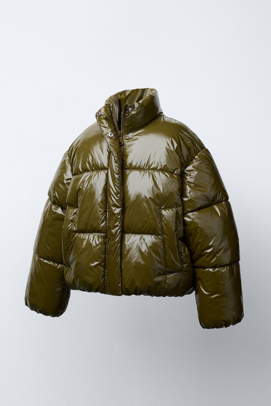 ZARA СТЕГАНАЯ КУРТКА С БЛЕСТЯЩЕЙ ОТДЕЛКОЙ, ОЛИВКОВЫЙ