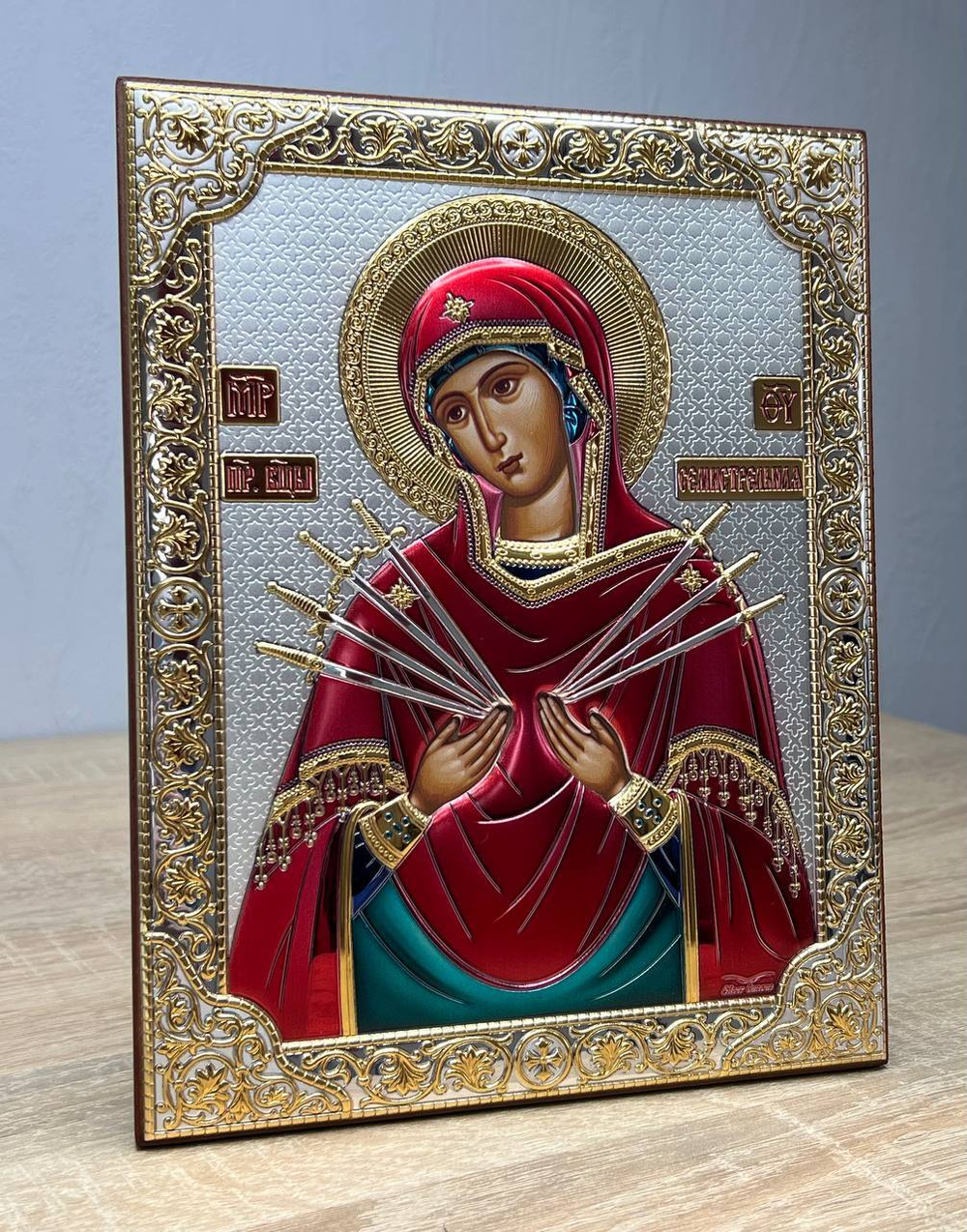 Семистрельная БМ, икона прямоугольная без рамки, красное дерево, эмаль 120х160