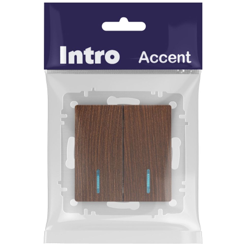 Выключатель Intro Accent 6-105-10 двойной с подсветкой, 10А-250В, IP20, СУ, AL/CU, венге