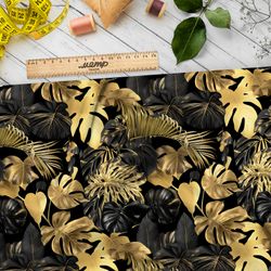 Ткань таффета золотистые листья монстеры