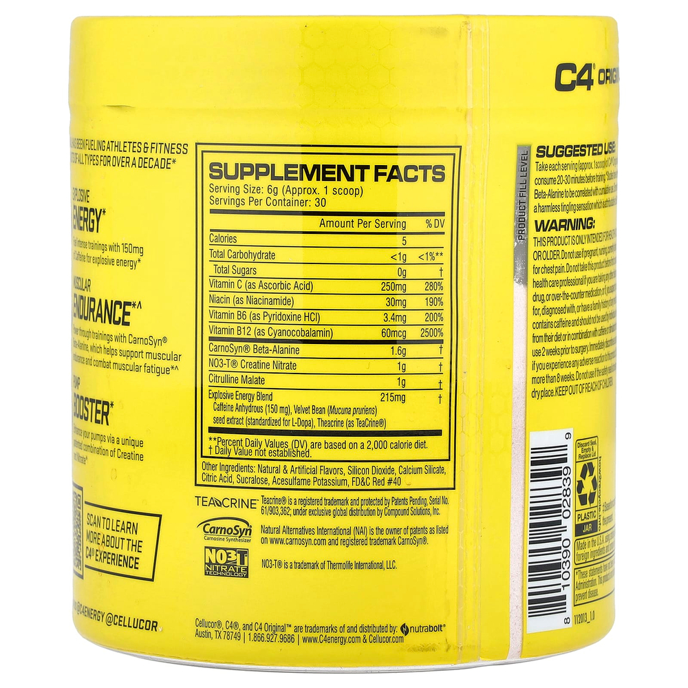 C4 / Cellucor, C4® Original, предтренировочный комплекс, со вкусом фруктового пунша, 180 г (6,3 унции)
