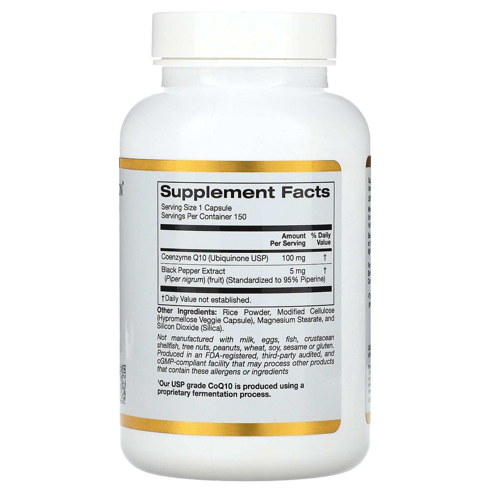 California Gold Nutrition, коэнзим Q10, убихинон класса USP с экстрактом чёрного перца Bioperine®, улучшенная биодоступность, 100 мг, 150 растительных капсул