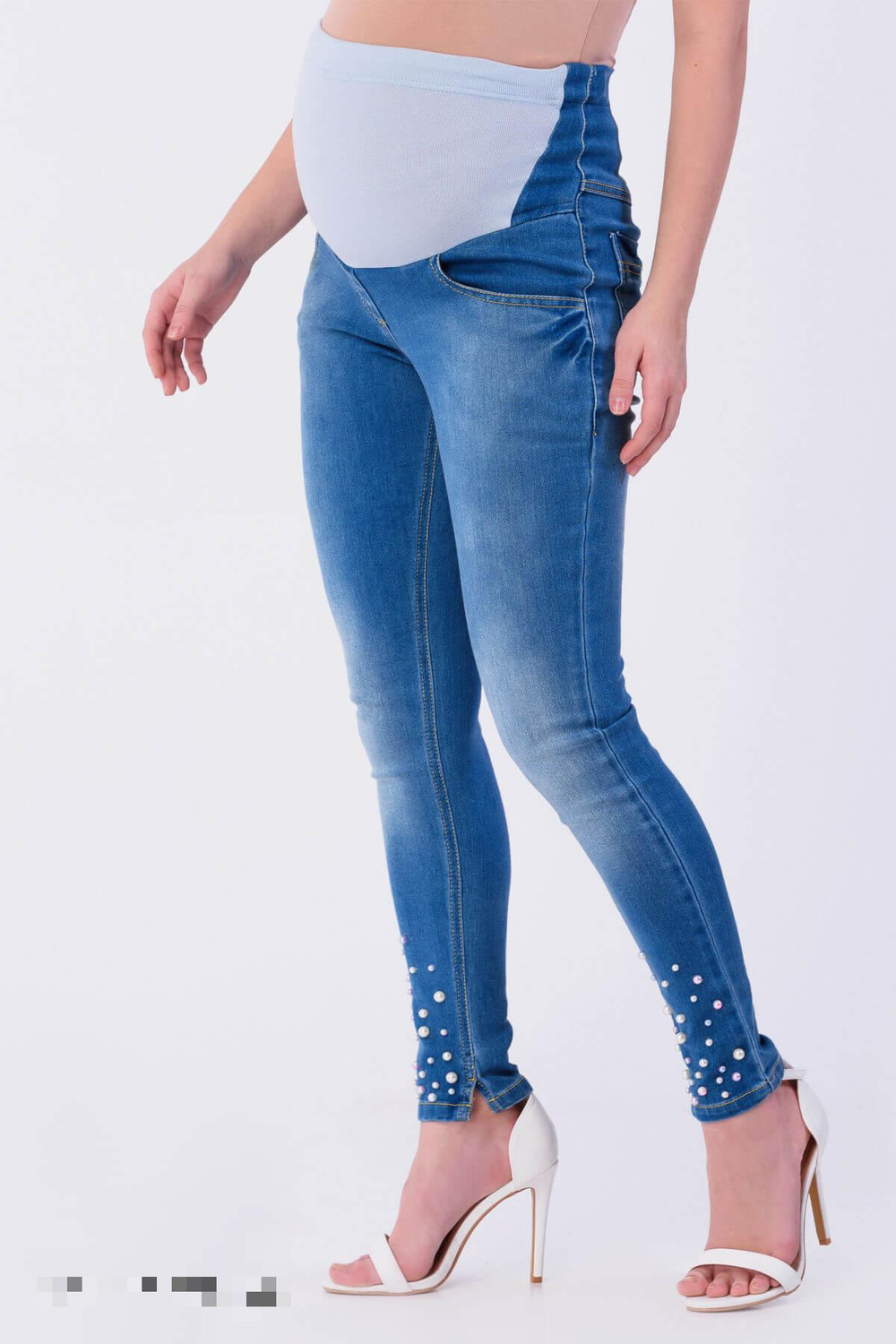 Джинсы голубые для беременных из хлопка внизу бусины, размер 50,52
