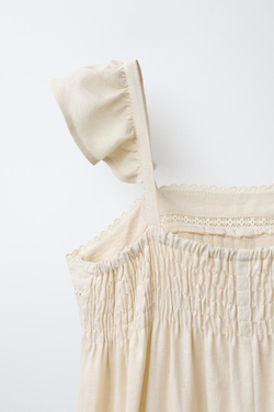 ZARA ДЛИННЫЙ КОМБИНЕЗОН ИЗ ЛЬНА С КРУЖЕВОМ, ЭКРЮ