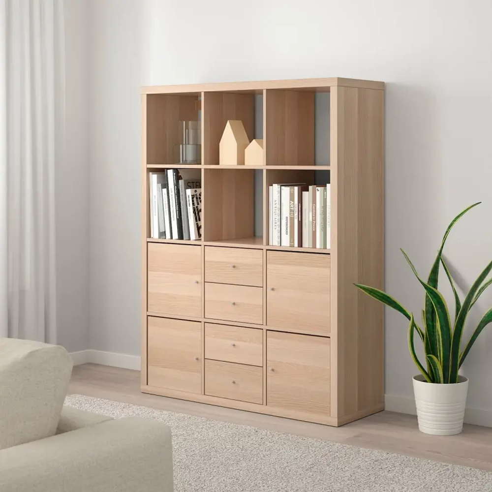Стеллаж 12 ячеек с ящиками и дверцами - IKEA KALLAX, 112х147 см, под беленый дуб, КАЛЛАКС ИКЕА