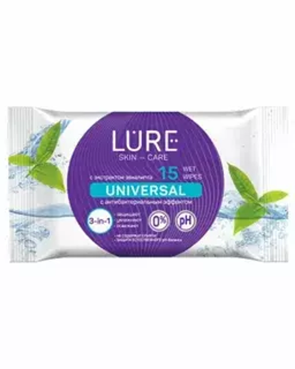 LURE Влажные салфетки Антибактериальные WET WIPES Универсальные 15шт