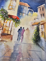 Картина авторская акварельная в паспарту 21х30 см на стену для интерьера "Вечерняя прогулка"