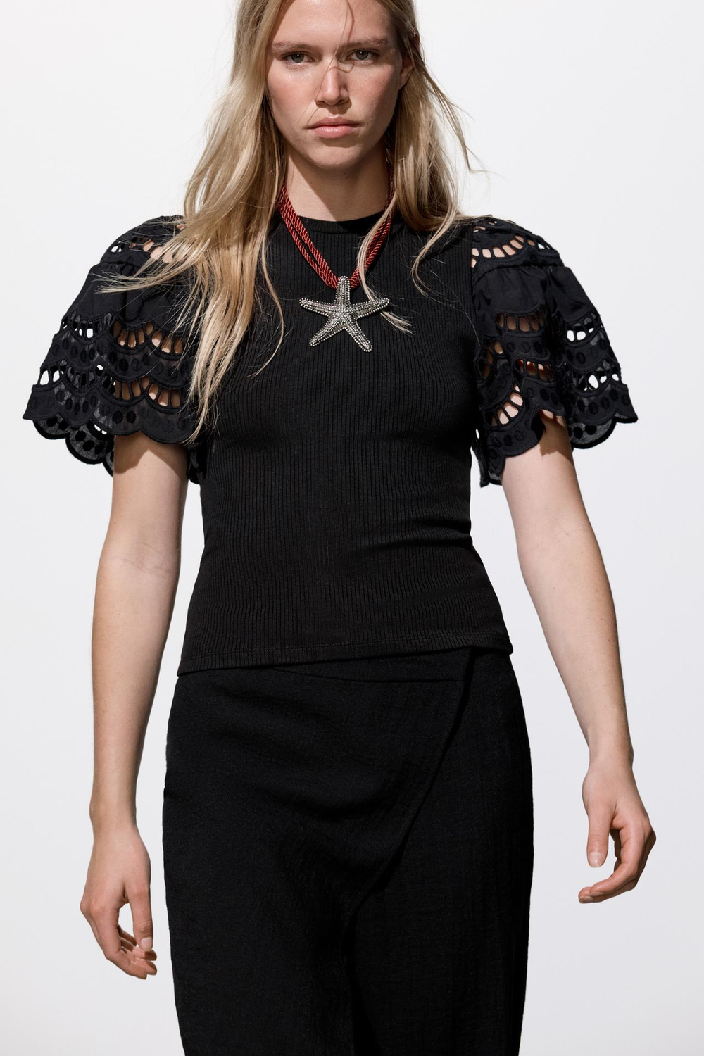 ZARA ТОП БЕЗ РУКАВОВ С ВЫШИВКОЙ, ЧЕРНЫЙ