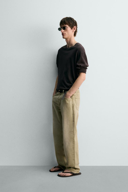 ZARA ФУТБОЛКА ИЗ ХЛОПКА И ЛЬНА, КОРИЧНЕВЫЙ