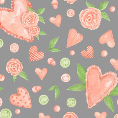 Сердечки, розы и пуговки на сером фоне