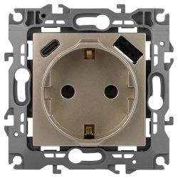 Розетка ЭРА Серия 12 12-4108-04 2P+E 16A-250В со шторками с USB type-A+C 5В-3А шампань