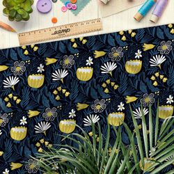 Ткань оксфорд 600 жёлтые цветы и листья на чёрном фоне