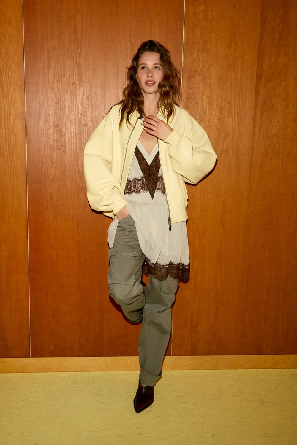 ZARA КУРТКА-БОМБЕР ИЗ 100% КОЖИ, ЖЕЛТЫЙ