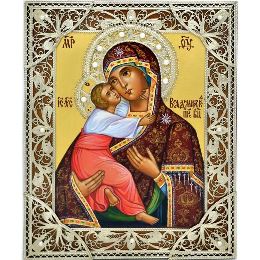 Владимирская Божия Матерь. Писаная икона с серебряной филигранью