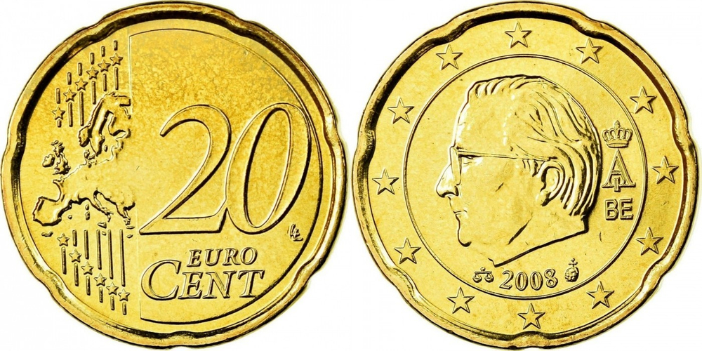 Бельгия 20 евроцентов, 2008 Король Альберт II XF
