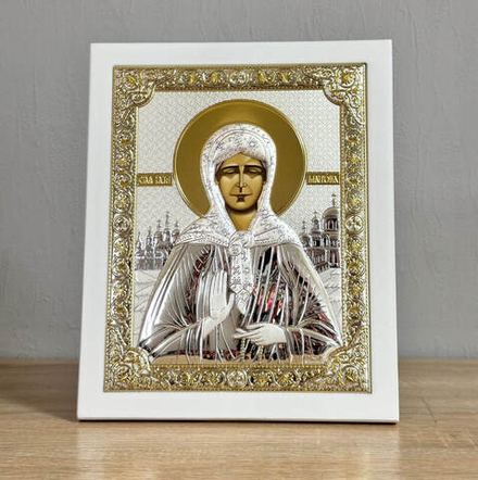 Матрона, икона прямоугольная с рамкой, белое дерево 210х260