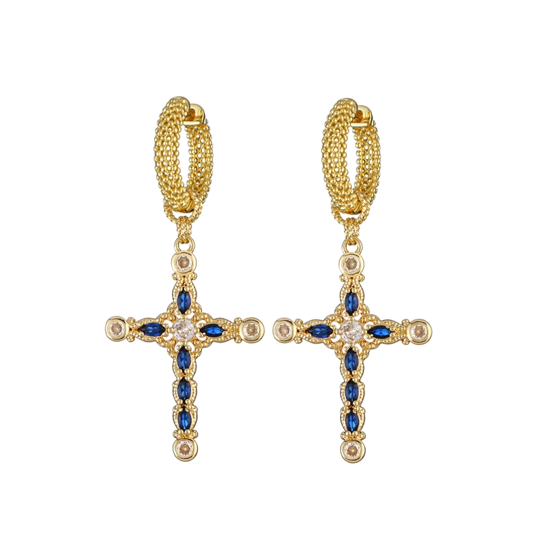 Серьги Винтажный Крест – Золото, Голубые