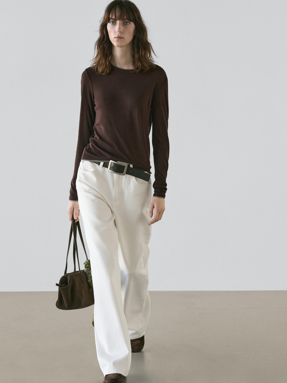 Massimo Dutti Футболка с длинными рукавами и двойной строчкой, коричневый