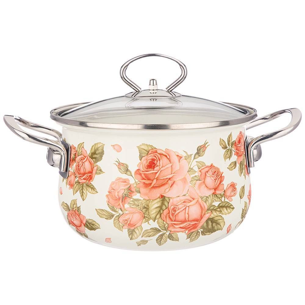 КАСТРЮЛЯ AGNESS ЭМАЛИРОВАННАЯ СО СТЕКЛ. КРЫШКОЙ СЕРИЯ "КОРЕЙСКАЯ РОЗА" 2.0 Л, 18*11 СМ