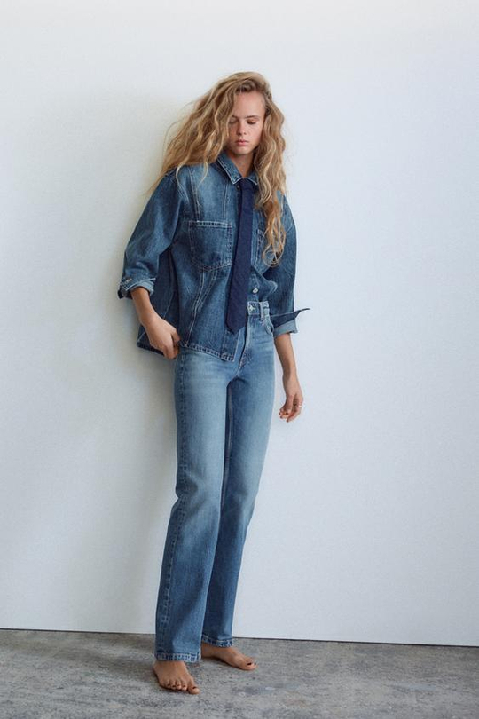 ZARA ДЖИНСЫ TRF ПРЯМОГО КРОЯ С ВЫСОКОЙ ПОСАДКОЙ, СИНИЙ