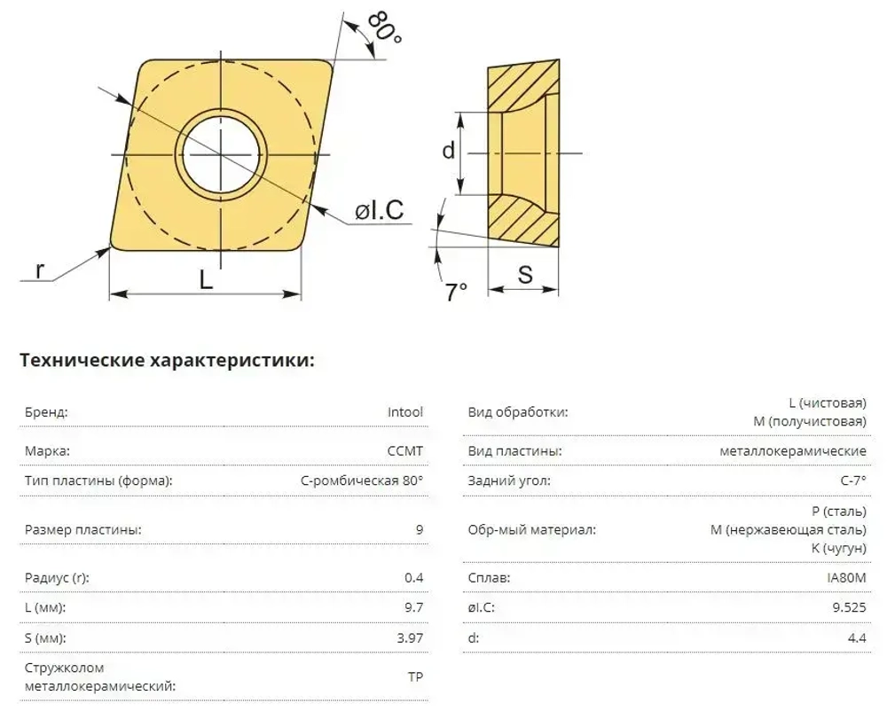 Пластина твердосплавная CCMT09T304-SM IC907 IC908 / 10 штук / сменная Ромбическая 80 гр. по металлу