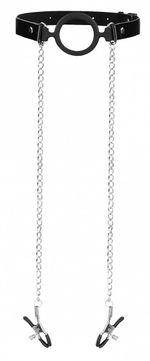 Черный кляп-кольцо с зажимами для сосков O-Ring Gag With Nipple Clamps (Цвет: черный)