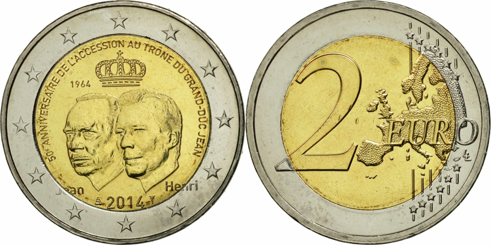 Люксембург 2 евро, 2014 50 лет вступлению на престол Герцога Жана UNC