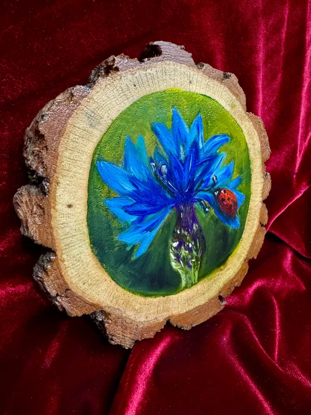 Василек - картина маслом на срезе дуба с корой | Художница Ольга Ефимова