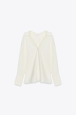 ZARA РУБАШКА С ВОРОТНИКОМ ПОЛО — ZW COLLECTION, ЖЕЛТОВАТО-БЕЛЫЙ