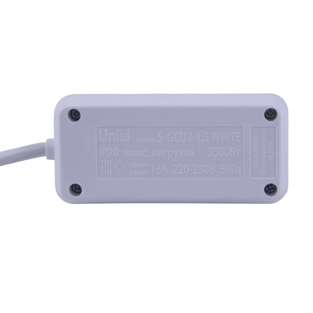 S-GCU2-1.5 WHITE Удлинитель серии Ultra. шнур 1.5м.. 2 гнезда. 16A. с-з. Белый. TM Uniel