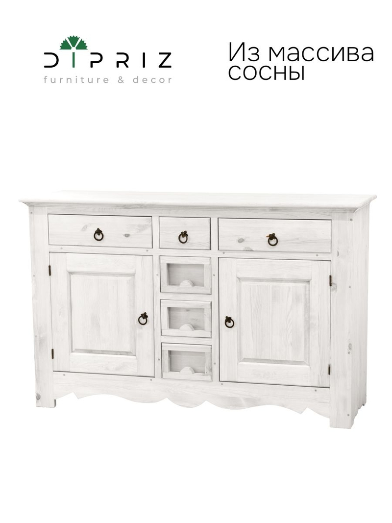 Тумба, 152х48х96, Прованс, напольная, из массива дерева, с ящиком, нижняя часть буфета, белый, Dipriz